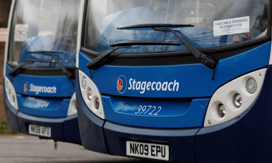 Parked buses are seen at a Stagecoach depot in South Shields in 2020