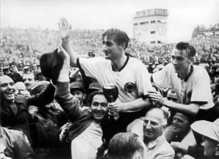 Fritz Walter is carried on the shoulders of fans after West Germany won the 1954 World Cup