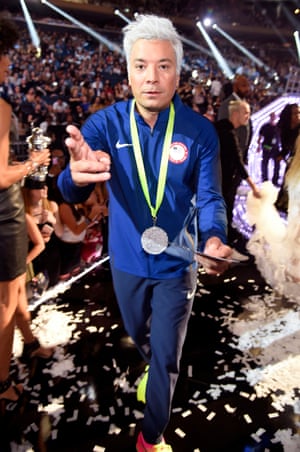 Comedian Jimmy Fallon arrived dressed as disgraced Olympic swimmer Ryan Lochte to present Video of the Year