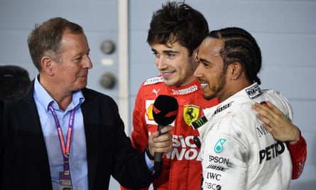 Lewis Hamilton (right) and Charles Leclerc (centre) are all smiles after Hamilton’s 2019 Bahrain Grand Prix victory.