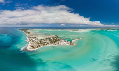 Aerial panorama of Kiritimati atoll (Christmas Island) in Kiribati.