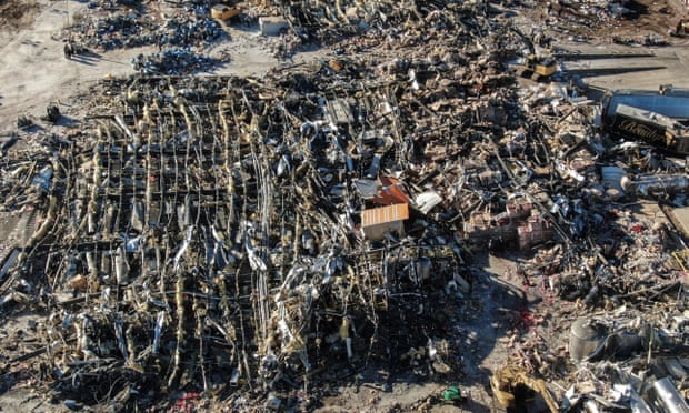 An aerial photo shows the destruction of the Mayfield Consumer Products candle factory us,Kentucky tornadoes,Joe Biden,disaster in Kentucky ,harbouchanews