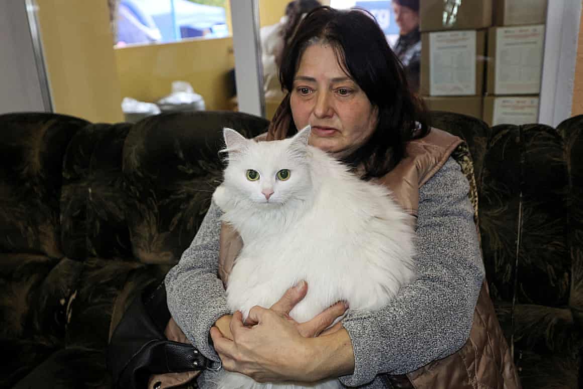 Kupiansk resident holding her white cat