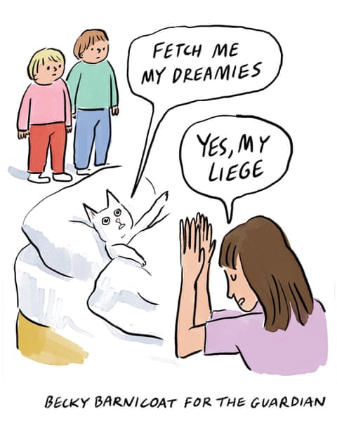 A series of cartoon images of an invalid kitten lying on its back in a bed being waited on by a family, panel 4