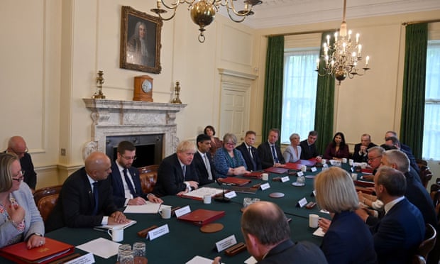 Sajid Javid (third left) and Rishi Sunak (centre) listen as Boris Johnson opens today’s cabinet meeting in Downing Street