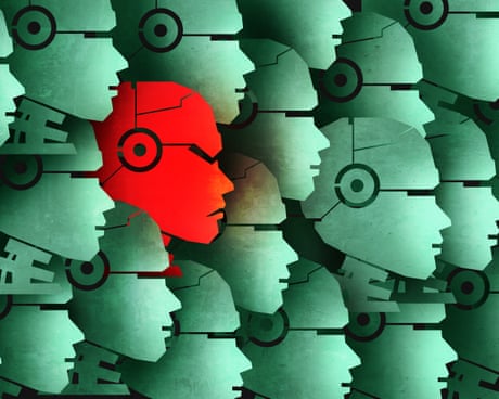 A red robot face stands out among many identical teal robot faces in profile