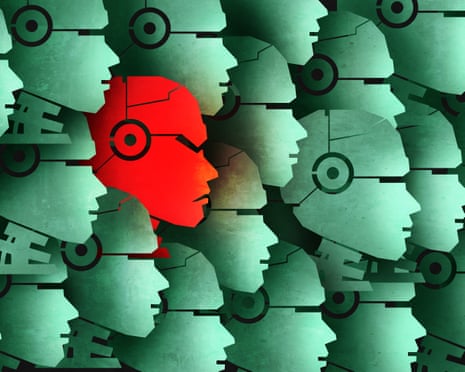 A red robot face stands out among many identical teal robot faces in profile