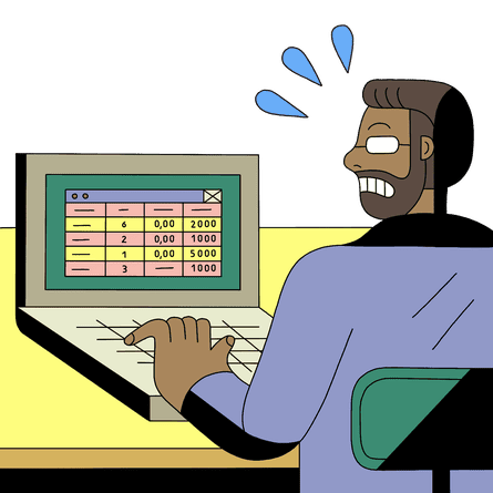 cartoon of man using spreadsheet with sweat drops emanating from his head