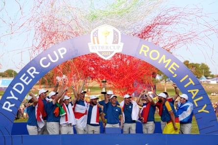 Europe’s golfers lift the Ryder Cup trophy after prevailing over the US at Marco Simone golf club in Rome