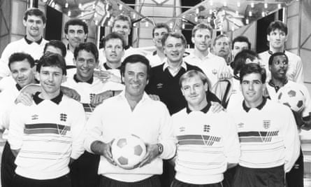 TV presenter Terry Wogan with the England football team, who appeared on his BBC show to sing their campaign song for the 1988 European Championships.