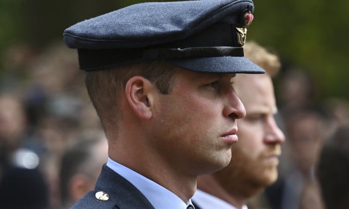 Prince William and Prince Harry as they walked behind the state gun carriage of the Royal Navy.