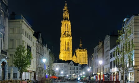 Night view of Cathedral of Our Lady from Suikerrui street in Antwerp