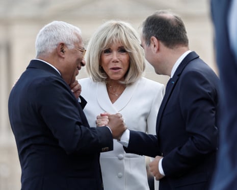 French prime minister Sebastien Lecornu and Brigitte Macron, wife of French president Emmanuel Macron, welcome European Council president António Costa before the start of the annual Bastille Day military parade on the Place de la Concorde in Paris, France.