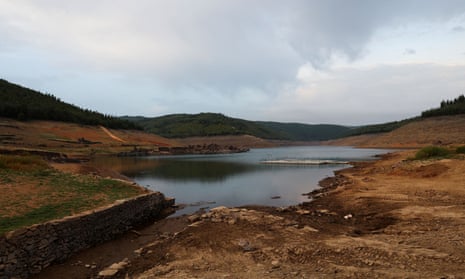 View of a previously submerged village revealed by low water level in Cabril dam reservoir in Pedrogao Grande, Portugal.