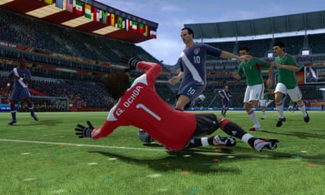 In this video game image by EA Sports, the US’ Landon Donovan (10) scores past Mexico goalkeeper Guillermo Ochoa in the 2010 World Cup.