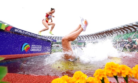 Germany's Lea Meyer falls into the water whilst competing in the Women's 3000 Metres Steeplechase.