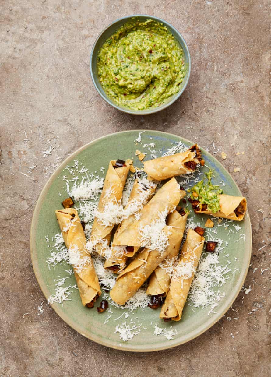 Yotam Ottolenghi's flautas with spiced eggplant and avocado salsa.
