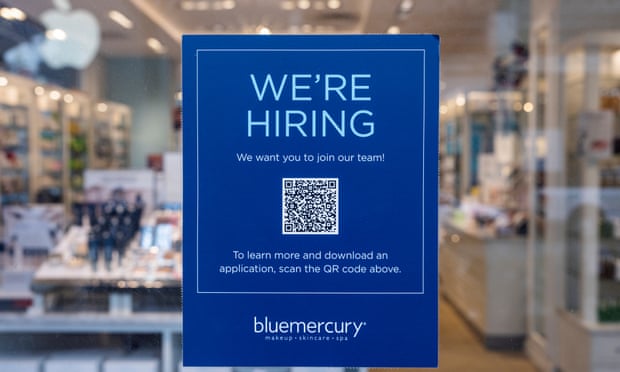 A 'we're hiring' sign on the window of a skincare store in Bethesda, Maryland, this month.