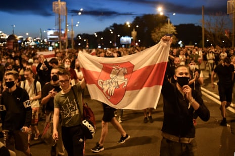 Opposition supporters protest after polls closed in Belarus’ presidential election, in Minsk on 9 August, 2020.
