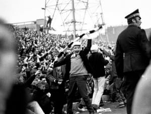 A young Newcastle fan celebrates the win over Ujpest as Newcastle win the Fairs Cup