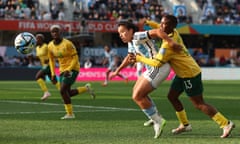 Erica Lonigro of Argentina controls the ball against Bambanani Mbane of South Africa