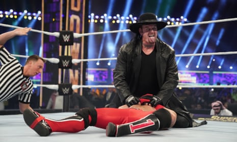 Lord of the ring … The Undertaker pins AJ Styles at 2020’s Super ShowDown.