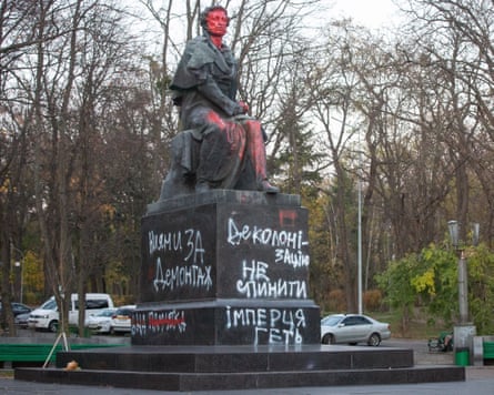 A defaced monument to Alexander Pushkin in Bahrianyi Park (formerly Pushkin Park) in Kyiv, Ukraine, November 2023.