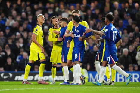 Tempers flare between Tottenham Hotspur's Richarlison (left) and Chelsea's Enzo Fernandez