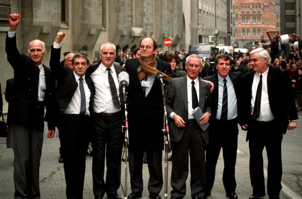 The Birmingham Six pictured on 14 March 1991, the day their convictions were quashed. Left to right: John Walker, Paddy Hill, Hugh Callaghan, Chris Mullin MP (who campaigned for their release), Richard McIlkenny, Gerry Hunter and William Power.