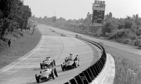 Stirling Moss leads Juan Manuel Fangio and Peter Collins in the finale of the 1956 season in Monza; Collins handed his car over to Fangio later in the race.