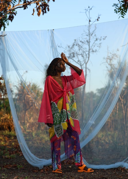 Lee Wanapuyngu wearing Mowanjum x Paletheory