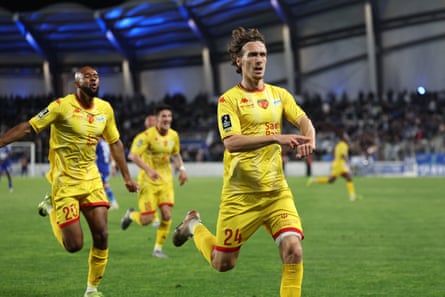 Milan Robin (R) celebrates after scoring a goal during the French L2 football match between Bastia and Le Mans