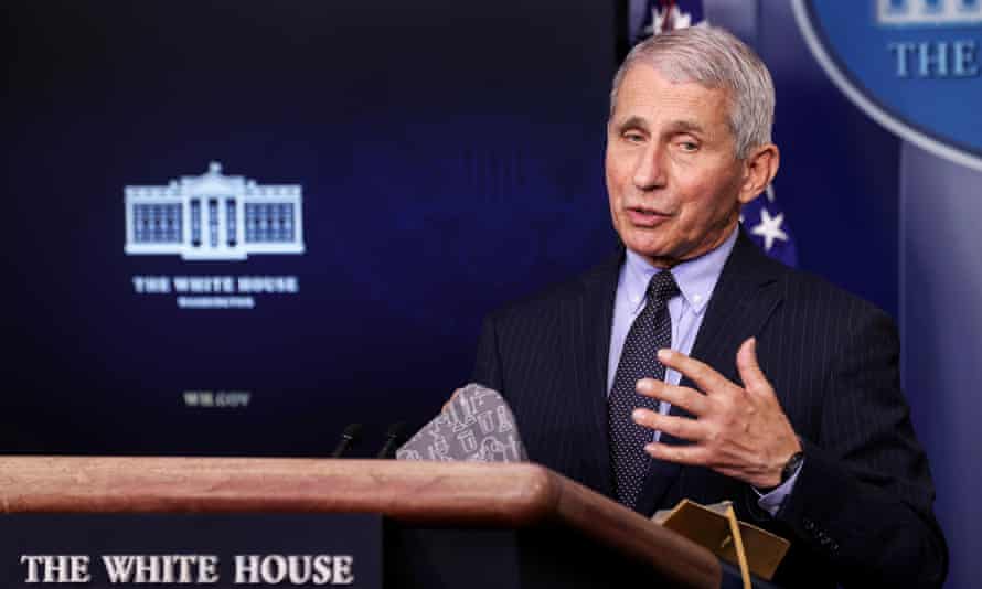 Dr Anthony Fauci addresses the daily press briefing at the White House in Washington.