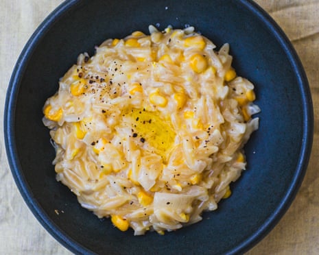 Tom Hunt's creamed corn orzo made with leftover parmesan rind.