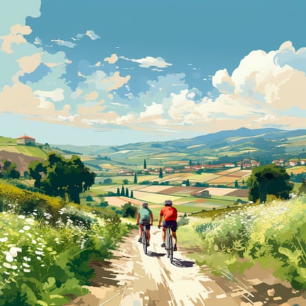 A brightly colored, photorealistic illustration of two men in racing gear on mountain bikes cutting through a lush valley, no buildings in sight.