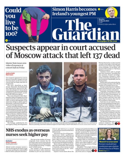 Guardian front page, Monday 25 March 2024