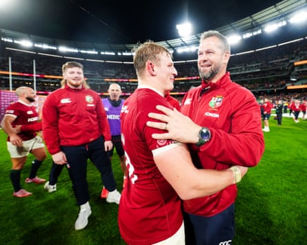 Jac Morgan with Lions head coach Andy Farrell after the final whistle in Melbourne.