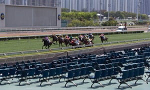 Horses gallop past empty stands at Sha Tin racecourse.