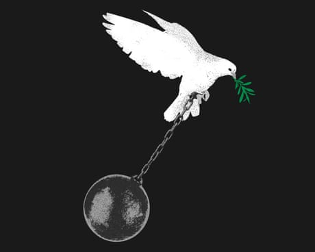 A peace dove holding an olive branch tries to fly but is weighed down by a heavy metal ball chained to its leg.