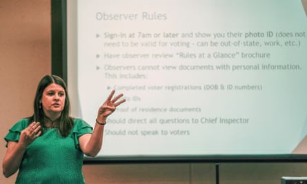Claire Woodall-Vogg, executive director of the City of Milwaukee Election Commission, teaches a class to poll workers in October 2022.