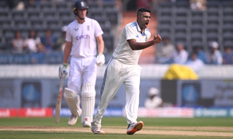 Ravi Ashwin celebrates the wicket of England’s Ben Duckett on day one of the first Test in Hyderabad.