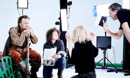 L-R: Tom Felton and members of the creative team – Rosie Jones, Hannah Price and Simon Reveley – discuss a scene.