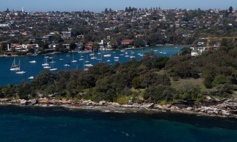 Aerial view of Vaucluse from over the water looking toward houses on hills