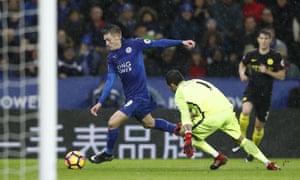 Jamie Vardy rounds Manchester City goalkeeper Claudio Bravo to score his third, and Leicester’s fourth goal of the match.