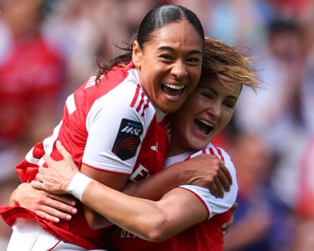 Olivia Smith of Arsenal celebrates scoring the opening goal during the Barclays Women's Super League match between Arsenal and London City Lionesses at Emirates Stadium on September 06, 2025 in London, England. (Photo by Copa/Getty Images)