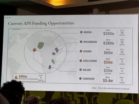A screen shows a U.S. government map of Africa with mislabeled countries during a State Department presentation at a global conference