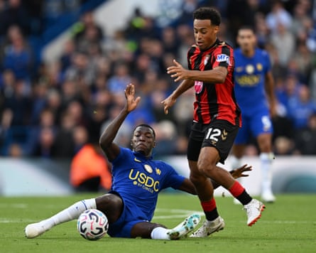 Moisés Caicedo tackles Tyler Adams in Chelsea’s game against Bournemouth