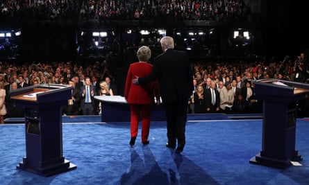 Hillary Clinton and Donald Trump greet the audience at the end of the first presidential debate