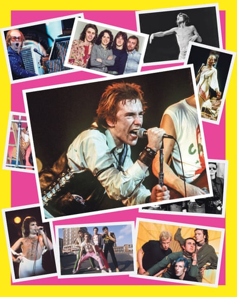 A montage of colour and black-and-white photographs of different bands and singers from the 1970s