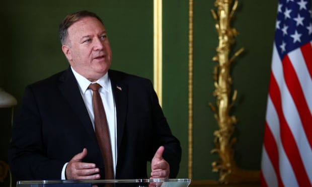 US secretary of state Mike Pompeo at a joint press conference with the UK foreign secretary Dominic Raab on Tuesday.